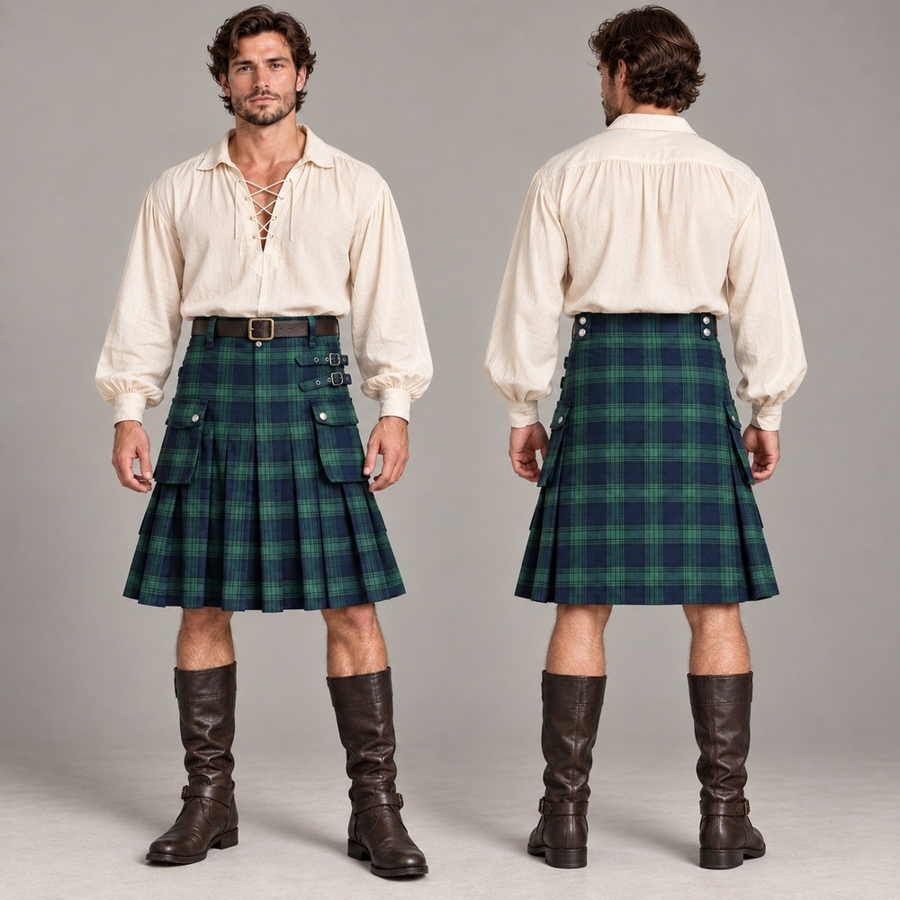 Scarlet Darkness Men's Tartan Utility Kilt Small Green Plaid Pleated Cargo Skirt